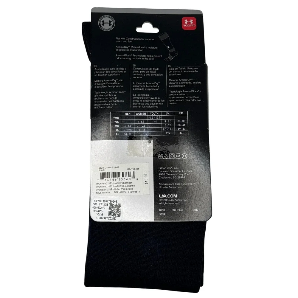 NWT‎ Under Armour UA Soccer Socks Adult Medium Black Over-The-Calf - 1 pair